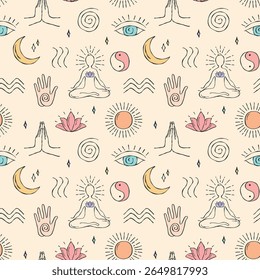 Padrão de vetor perfeito com símbolos coloridos desenhados à mão de energia e equilíbrio. Inclui espiral, ondas, yin-yang, sol, lua, figura meditando, linhas de respiração, gesto de namaste, e círculo de energia
