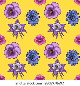 Seamless vector pattern with colorful hand-drawn purple and blue flowers on a vibrant yellow background