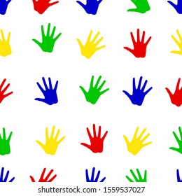 Seamless vector pattern of colorful handprints on white background
