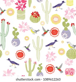 Seamless vector pattern - Colorful happy desert illustrations on white bkg. Blooming cactus, birds, potted plants and flowers make this a fun, vibrant design for textiles, stationery and packaging.