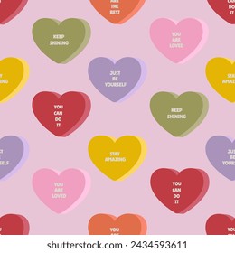 Seamless vector pattern with colorful hearts and positive quotes. Geometric shapes with text on background. Love symbols texture. Motivation and self love concept. Wrapping paper, wallpaper, textile