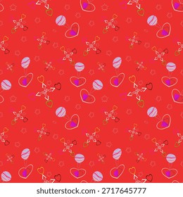 Padrão de vetor contínuo com corações coloridos no fundo vermelho. Design romântico bonito dos namorados para o tecido, papel de embrulho, têxtil, papel de parede, presente, impressão e uso digital.