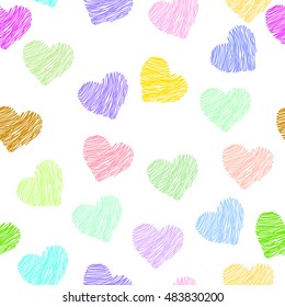 Seamless vector pattern with colorful hearts on white background. Hand drawn.