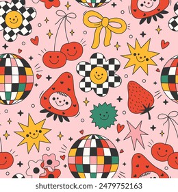 Seamless vector pattern with colorful hippie elements in 70s and 80s style. Groovy background with flowers, disco ball, cherry, strawberry and stars. Fun retro texture for wallpaper, wrapping paper