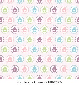 Seamless vector pattern with colorful houses in circles. For cards, invitations, wedding or baby shower albums, backgrounds, arts and scrapbooks. 