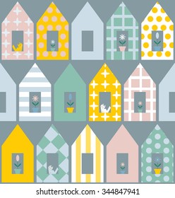 Seamless vector pattern with colorful houses . For cards, invitations, wedding or baby shower albums, backgrounds, arts and scrapbooks. 