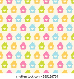 Seamless vector pattern with colorful houses and hearts. For cards, invitations, wedding or baby shower albums, backgrounds, arts and scrapbooks. 