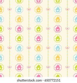 Seamless vector pattern with colorful houses and stripes. Best Choice for cards, invitations, printing, party packs, blog backgrounds, paper craft, party invitations, scrapbooking.