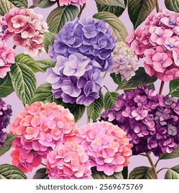 Seamless vector pattern with colorful hydrangea flowers isolated on a changeable background. Vintage painting style illustration.