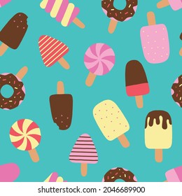 Seamless vector pattern with colorful ice cream. For cards, invitations, wedding or baby shower albums, backgrounds, arts and scrapbooks