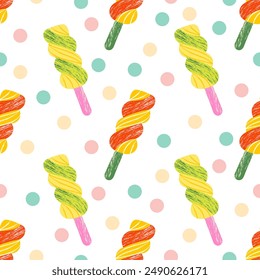 Seamless vector pattern with colorful ice cream popsicles and polka dots on a white background. Crayon effect illustration. 