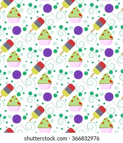 Seamless vector pattern with colorful ice cream, cupcake, lollipop and circles