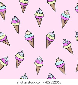 Seamless vector pattern with colorful ice cream. For cards, invitations, wedding or baby shower albums, backgrounds, arts and scrapbooks. Vector illustration.