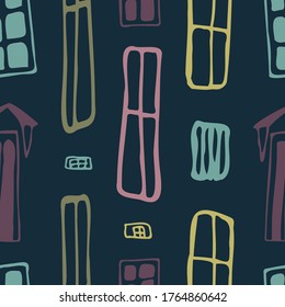 Seamless vector pattern colorful illustration of house lined cartoon windows in the night city. Perfect for backgrounds, cards, decorations, web design, surfaces, textile design, wrapping paper