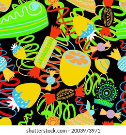 Seamless vector pattern colorful illustration of sweets and confetti in bright on black. The design is perfect for backgrounds, wrapping paper, wallpaper, textiles, packaging.