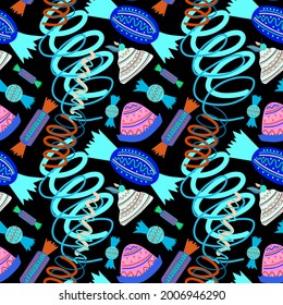 Seamless vector pattern colorful illustration of sweets and confetti in neon colors on black. The design is perfect for backgrounds, wrapping paper, wallpaper, textiles, packaging.