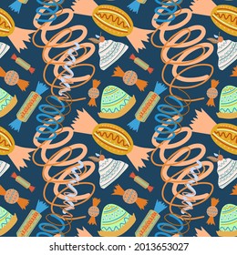 Seamless vector pattern colorful illustration of sweets and confetti in bright colors on blue. The design is perfect for backgrounds, wrapping paper, wallpaper, textiles, packaging.