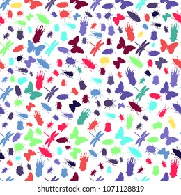 Seamless vector pattern with colorful insects - beetles, dragonflies, butterflies.
