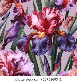 Seamless vector pattern with colorful iris flowers isolated on a changeable background. Vintage painting style illustration.