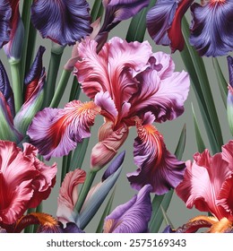 Seamless vector pattern with colorful iris flowers isolated on a changeable background. Vintage painting style illustration.