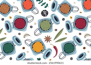 Seamless vector pattern with colorful jars of spices and herbs, background with decorative elements like chili, garlic, and leaves. Culinary themes, kitchen decor, and food related designs