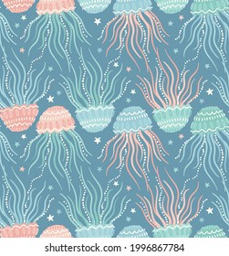 Seamless vector pattern with colorful jellyfish and stars on dark blue background. Cute jellyfish pattern for kids. Underwater inhabitants. Simple jellyfish pattern. Adorable sea creatures. Underwater