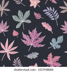 Seamless vector pattern of colorful leaves.  Falling colorful leaves. It can be used for websites, packing of gifts, fabrics, wallpapers. Autumn background. White outline.