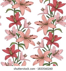 Seamless vector pattern with colorful lilies flower pink and red lily on white background. Blooming floral background for wedding invitations and greeting cards. Flower of Lilium candidum Madonna lily