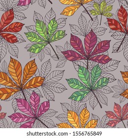Seamless vector pattern of colorful and linear leaves.  Falling colorful leaves. It can be used for websites, packing of gifts, fabrics, wallpapers. Autumn background.   