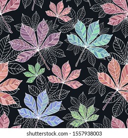 Seamless vector pattern of colorful and linear leaves.  Falling colorful leaves. It can be used for websites, packing of gifts, fabrics, wallpapers. Autumn background. White outline.