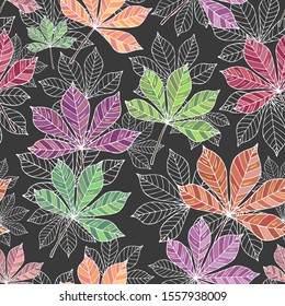 Seamless vector pattern of colorful and linear leaves.  Falling colorful leaves. It can be used for websites, packing of gifts, fabrics, wallpapers. Autumn background. White outline.