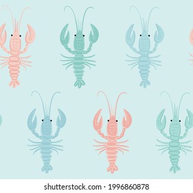 Seamless vector pattern with colorful lobsters or crawfishes on light blue background. Cute lobster pattern for kids. Crawfish character. Underwater inhabitants. Simple lobster pattern. Pastel ocean