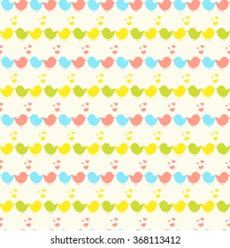 Seamless vector pattern with colorful lovers birds and hearts. For cards, invitations, wedding or baby shower albums, backgrounds, arts and scrapbooks. 