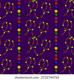 Padrão de vetor sem costura de contas coloridas do Mardi Gras em cadeias em looping e cordas verticais contra um fundo roxo profundo.