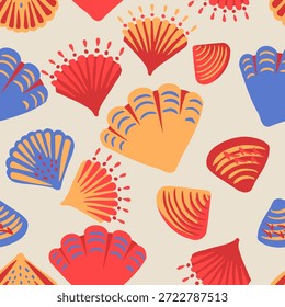 Padrão de vetor sem costura com conchas marinhas coloridas em estilo plano moderno. Elementos à beira-mar desenhados à mão em fundo neutro, perfeito para têxteis de verão, envoltório, papel de parede