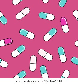 Seamless vector pattern with colorful  medical pills in linear style.