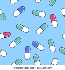 Seamless vector pattern with colorful  medical pills in linear style.