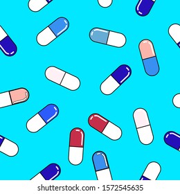 Seamless vector pattern with colorful  medical pills in linear style.