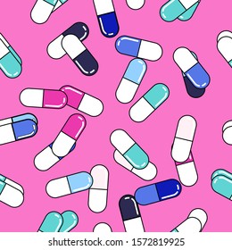 Seamless vector pattern with colorful  medical pills in vaporwave cartoon 80s-90s style.