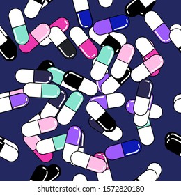 Seamless vector pattern with colorful  medical pills in vaporwave cartoon 80s-90s style.