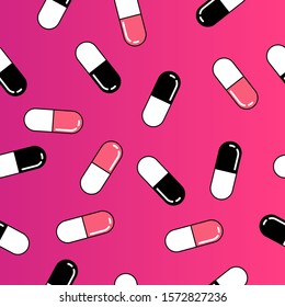 Seamless vector pattern with colorful  medical pills in vaporwave cartoon 80s-90s style.