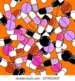 Seamless vector pattern with colorful  medical pills in vaporwave cartoon 80s-90s style.