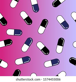 Seamless vector pattern with colorful  medical pills in vaporwave cartoon 80s-90s style.