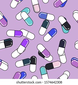 Seamless vector pattern with colorful  medical pills in vaporwave cartoon 80s-90s style.