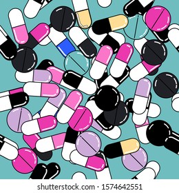 Seamless vector pattern with colorful  medical pills in vaporwave cartoon 80s-90s style.