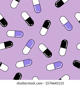 Seamless vector pattern with colorful  medical pills in vaporwave cartoon 80s-90s style.