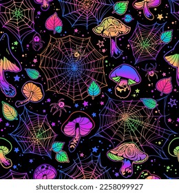 Seamless vector pattern of colorful mushrooms and cobwebs