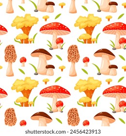 Seamless vector pattern with colorful mushrooms