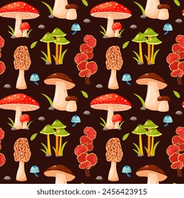 Seamless vector pattern with colorful mushrooms