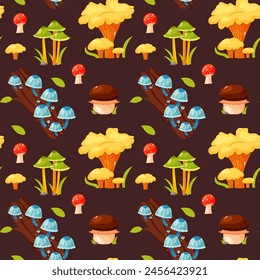 Seamless vector pattern with colorful mushrooms